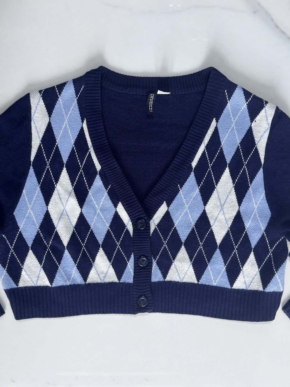 H&M Argyle Pattern Cropped Knit Cardigan Navy/Periwinkle Blue & White Size Large